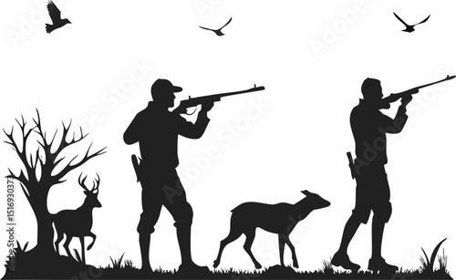 Hunter Silhouette with Rifle in Wildlife Scene – Outdoor Nature and Bird Hunting Concept