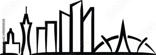 Detailed black line art illustration of famous city skylines and landmark structures