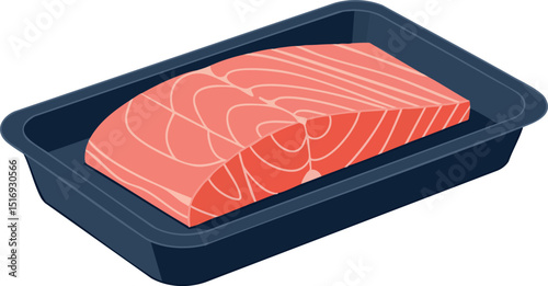 Fresh salmon fillet in black tray seafood vector illustration 