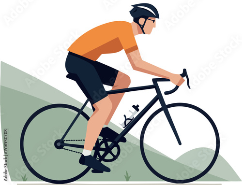 Male cyclist riding road bike uphill in orange shirt and black shorts vector illustration 