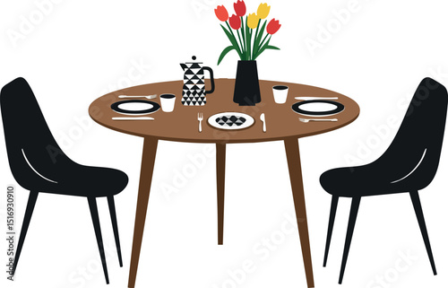Dining table with black chairs and colorful flowers centerpiece vector illustration 