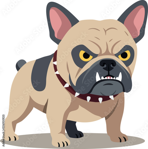 Angry bulldog dog standing with spiked collar vector illustration in beige and black colors 