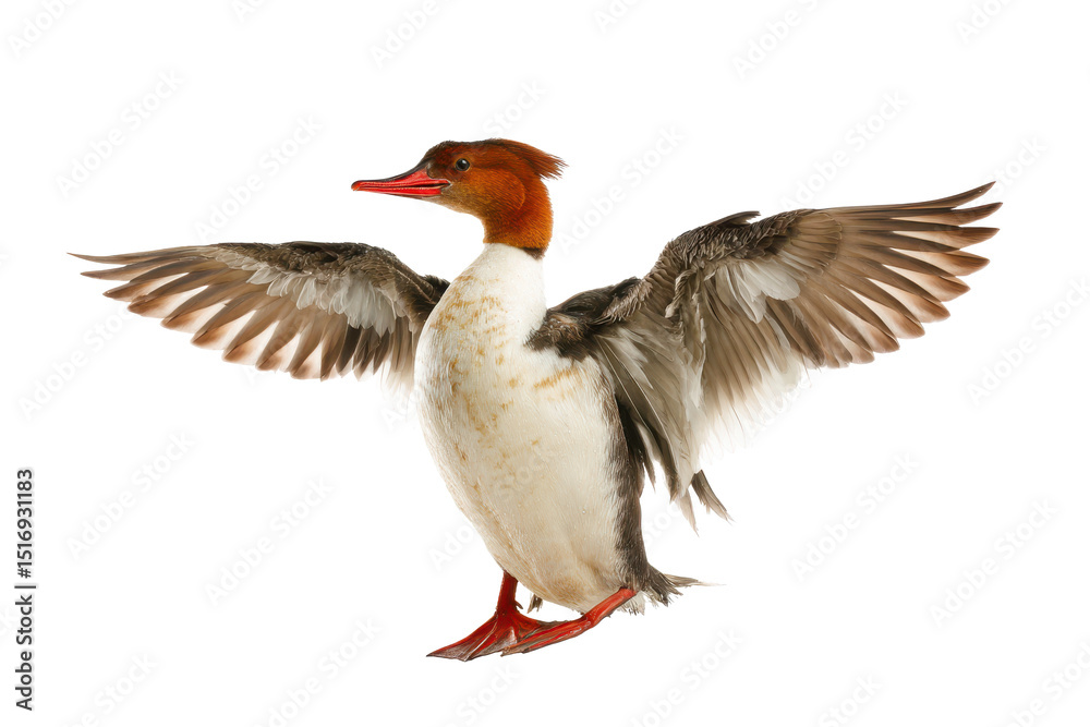Obraz premium Common Merganser Duck with Wings Spread, Isolated on White Background