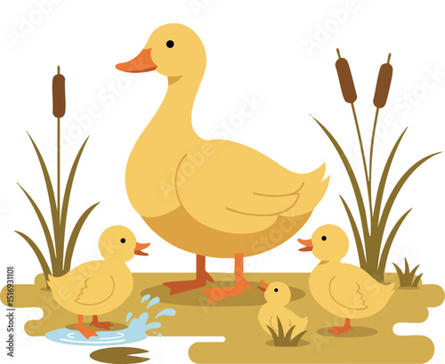 Duck family with ducklings near water and cattails nature scene vector illustration 