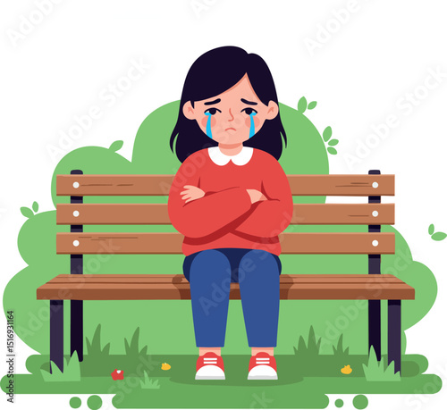 Sad girl sitting on park bench crying with arms crossed vector illustration 