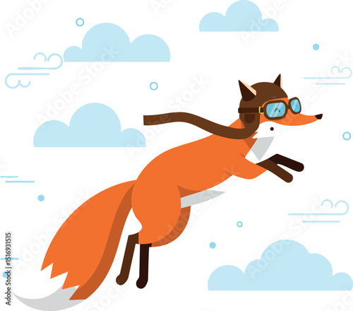 Fox wearing aviator goggles and scarf flying in blue sky vector illustration 