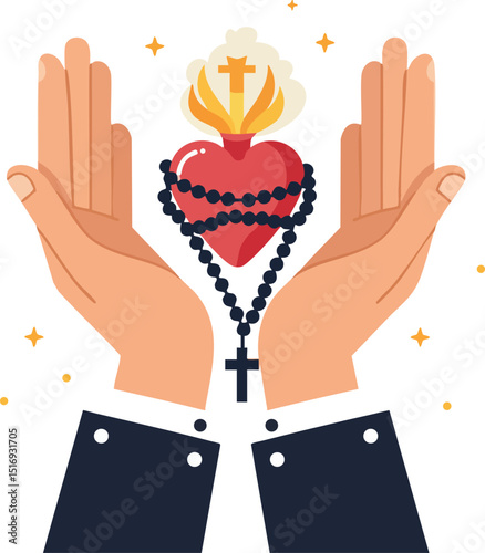 Sacred heart with rosary and praying hands religious Christian symbol vector illustration 