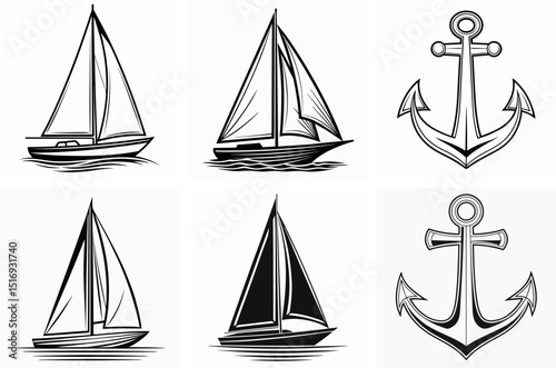Vector set of sailboat and anchor illustrations for nautical and maritime themes