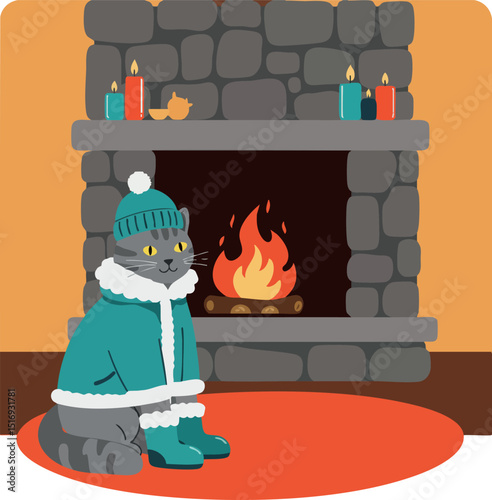 Cat in winter clothes sitting near stone fireplace with burning fire indoors vector illustration 