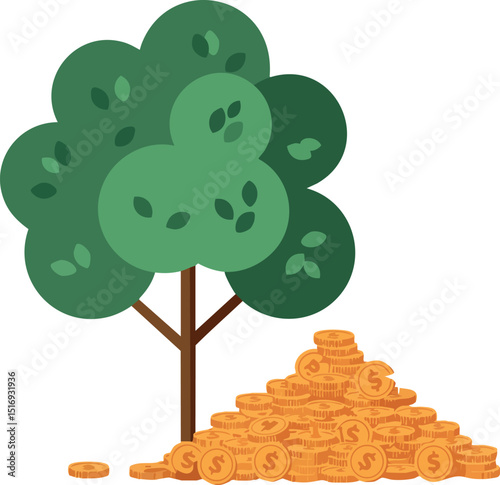 Money tree with pile of golden coins symbolizing wealth growth and financial prosperity vector illustration 