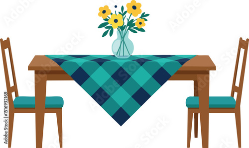 Dining table with two chairs and blue checkered tablecloth with flower vase centerpiece vector 