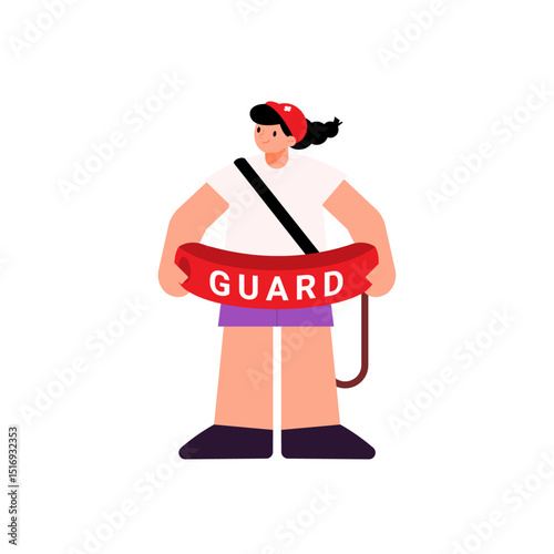 Front view of a female lifeguard confidently gripping a red rescue buoy with both hands