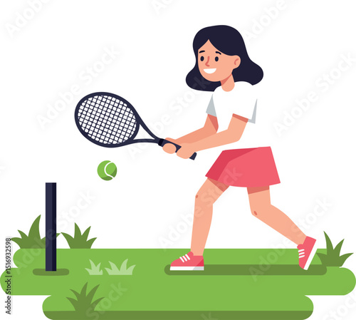 Girl playing tennis with racket and ball on green grass court vector illustration 