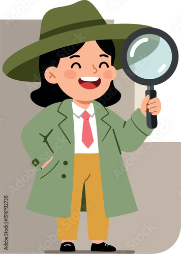 Female detective character with magnifying glass in green trench coat and hat vector illustration 