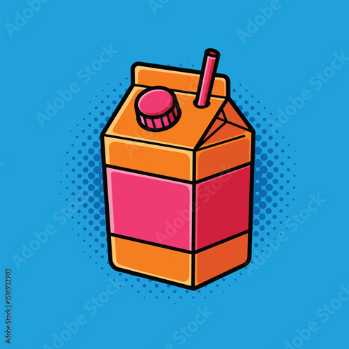 vibrant juice box pop art symbol vector with bold blue background and halftone dot decoration