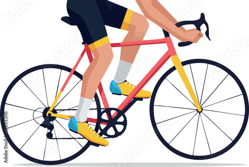 Cyclist riding road bike in colorful sportswear vector illustration with yellow and red frame 