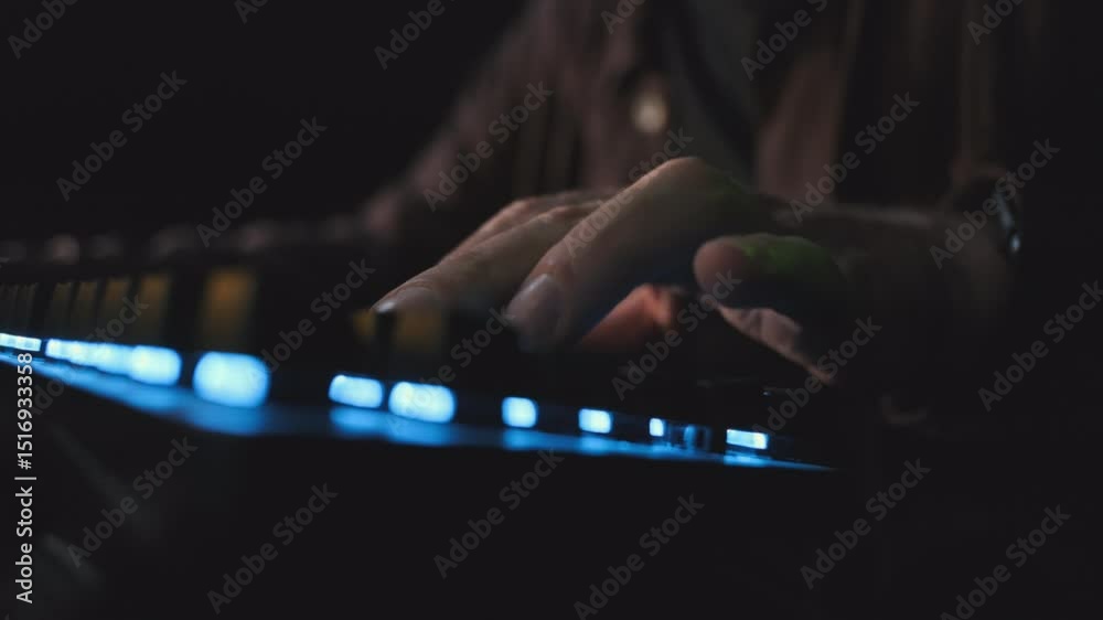 Close-up: a gamer's hand on a colored keyboard. The player's fingers press the movement buttons. Computer video game championship for all ages. An online tournament on modern sports.