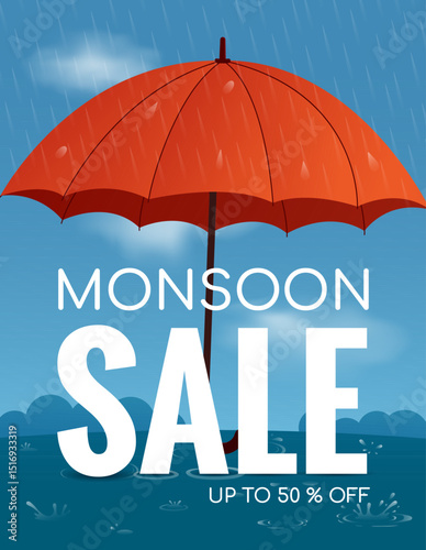 vertical template for monsoon sale, postcard with umbrella and rain