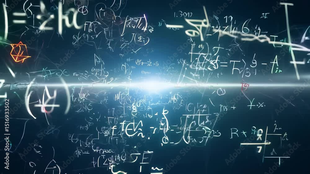 Matrix of Glowing Mathematical Symbols and Formulas with Complex Diagrams and Figures on Dark Blue Background. Concept of science, physics, complex equations, data analysis, futuristic learning