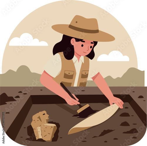 Female Archaeologist Excavating Ancient Artifact in Desert Landscape Vector Illustration 