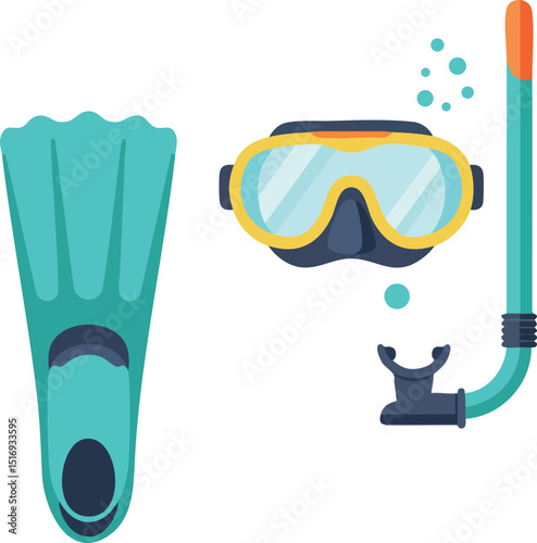 Snorkeling Equipment Vector Featuring Fins Mask and Snorkel for Water Activities 