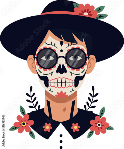 Woman with Day of the Dead sugar skull makeup wearing black hat and floral accessories vector illustration 