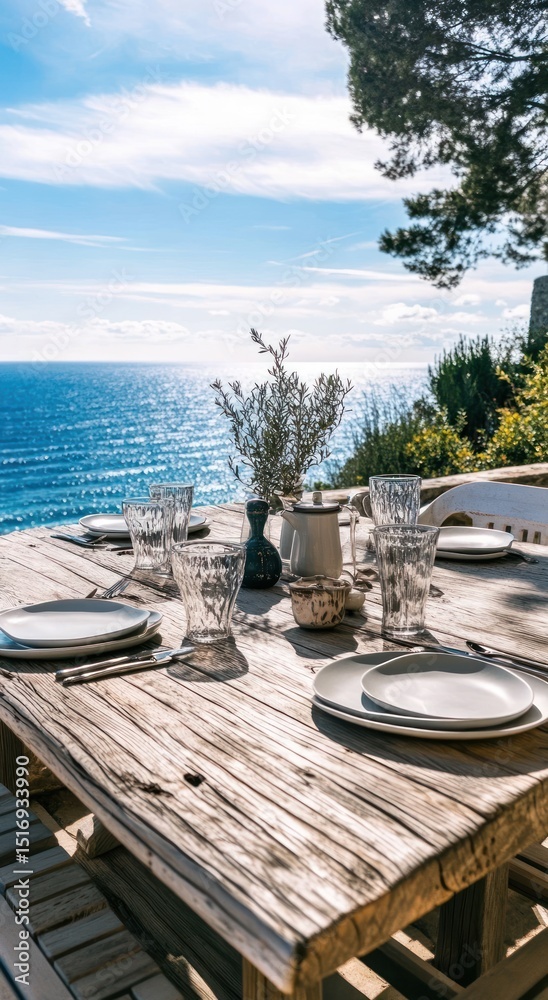 Obraz premium Outdoor dining table overlooking ocean. Rustic wooden table set for a meal with glassware and plates. Coastal scenery