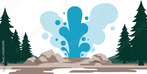 Natural geyser erupting among rocks and pine trees scenic landscape vector illustration 
