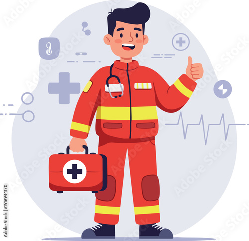 Male Paramedic Wearing Red Suit Holding Medical Kit Emergency Medical Services Vector 