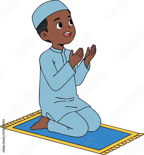 Muslim Boy Praying on Blue Prayer Rug in Traditional Clothes Vector Illustration 