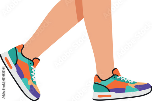 Colorful running shoes on walking legs vector illustration with orange purple teal accents 