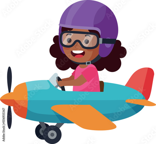Child Pilot Flying Blue and Orange Airplane Wearing Purple Helmet and Goggles 