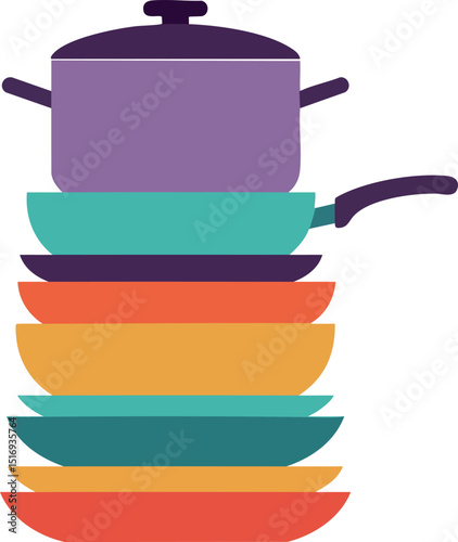 Stack of colorful kitchen pans and pot with lid in flat vector style 