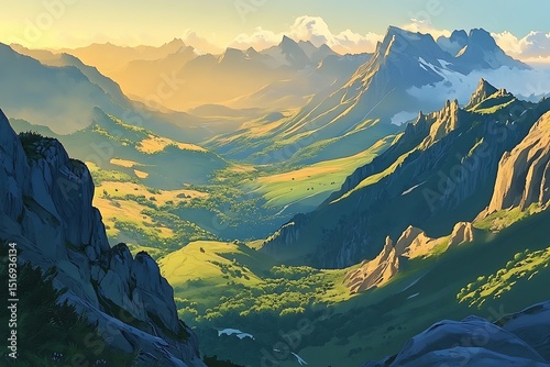 Golden hour light bathing rich green valleys and rugged mountain peaks, casting long dreamy shadows 