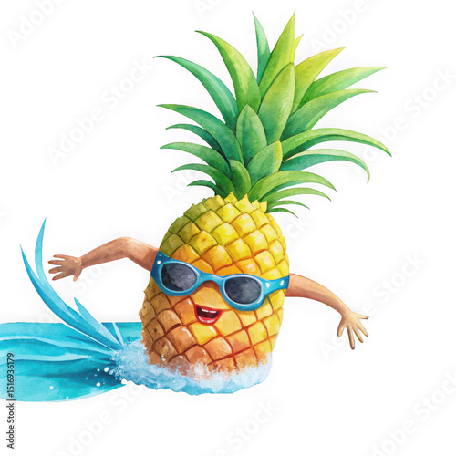 Funny pineapple character swimming isolated on transparent background