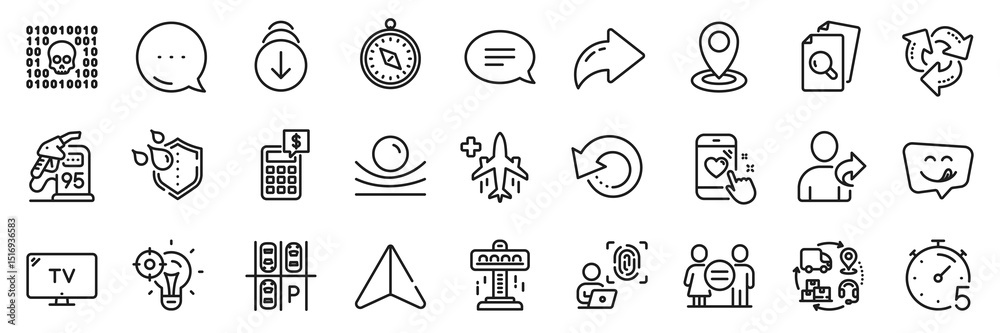 Fototapeta premium Inspect, Timer and Equality line icons pack. Share, Message, Paper plane icons. Recovery data, Calculator, Binary code web icon. Heart rating, Petrol station, Attraction pictogram. Vector
