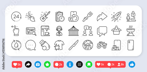 Table knife, Website search and Coffee maker line icons pack. Social media: share, comment, like icons. Smartphone cover, Flash memory, Online storage web icon. Vector