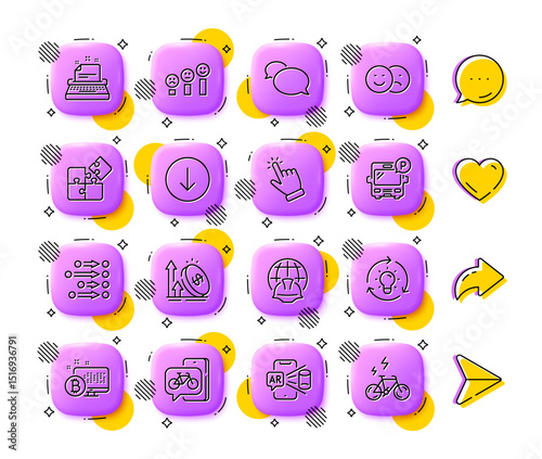 Global engineering, Puzzle and Excise duty line icons. App 3d buttons. Social media comment, share, like icons. Pack of Idea, Like, Bus parking icon. Bike app, Messenger, Scroll down pictogram. Vector