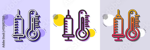 Thermometer with vaccine line icon. Halftone dotted pattern. Gradient icon with grain shadow. Temperature diagnostic sign. Fever measuring symbol. Line thermometer icon. Various designs. Vector