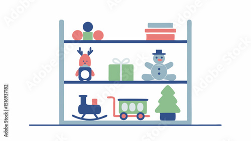 A whimsical shelf filled with holiday toys evokes a sense of childhood wonder presented in pastel