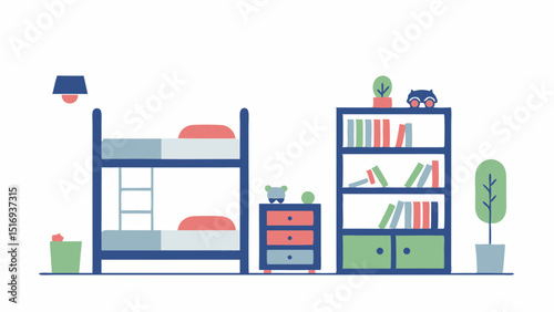 Cozy Children s Room Scene with Bunk Beds and a Playful Owl on the Bookshelf in Soft Flat Vector