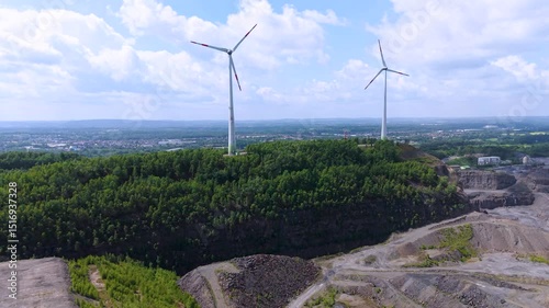 Drone view of a wind turbine in Osnabrueck, Germany (Rundwanderweg Piesberg Nord)