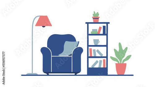 A cozy blue armchair and books creating a mindful retreat under warm lamp light with simple flat