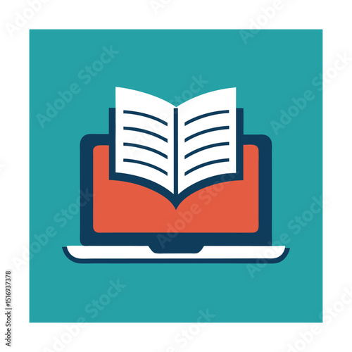 Laptop with Open Textbook Icon in Flat Style