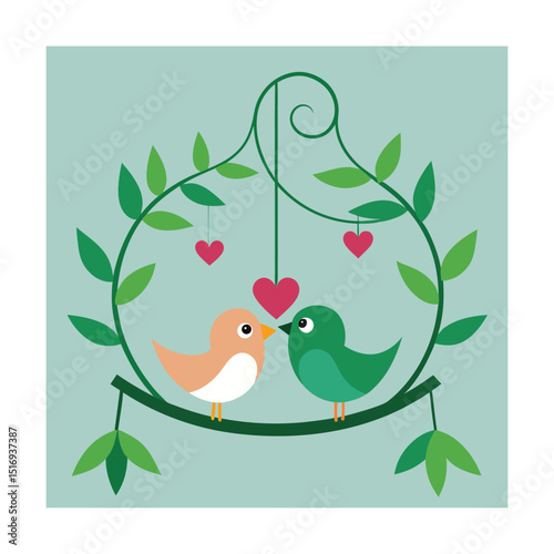 Lovebirds Sitting on a Swing Made of Vines and Flowers