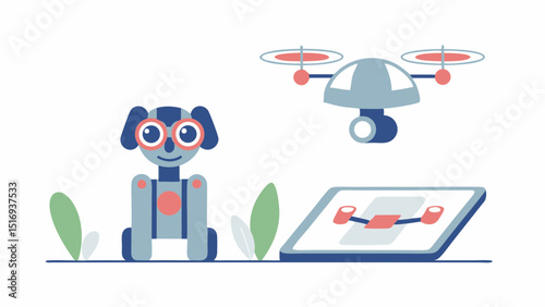 A whimsical robot dog dreams of flying with a drone controlled by a tablet in a digital world