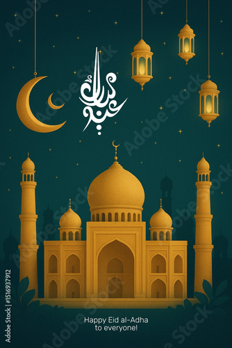 Eid Mubarak Background with Golden Mosque, Crescent Moon & Lanterns – Green Theme