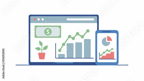 Achieving financial growth like growing a plant dollar bill on screen and a positive trend line in