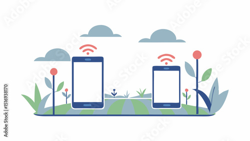Connecting rural farms Two smartphones link over fields supporting agriculture with simple flat