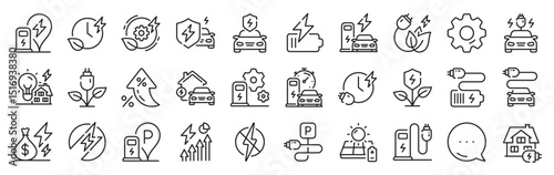 Electric car charging line icons. Settings gear, Message, Inflation icons. Charge station, Ev parking and Battery charger set. Home car charging, power station and electro energy line icons. Vector